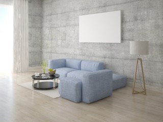 Mock up stylish lounge with gray corner sofa and hipster backdrop.