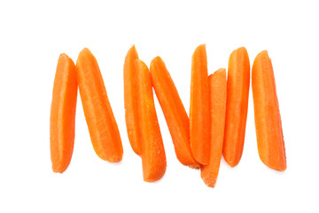 group of organic small baby carrots isolated on a white background. Top view