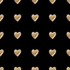 Golden hearts seamless pattern. Gold glitter on black background