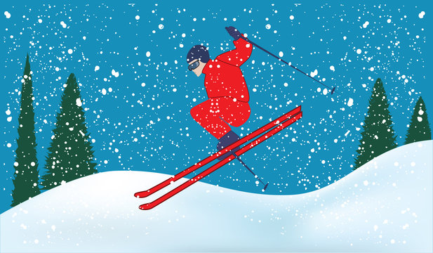 Skier, snowdrifts, fir forest, snowfall - light blue background - art vector illustration