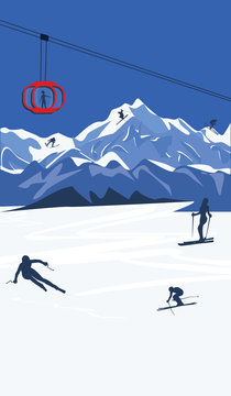 Mountain landscape - skiers - cable car, funicular - - flat style - vector illustration