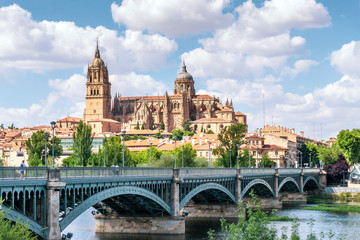 Salamanca with bridge over Tormes river and cathedral, Spain - obrazy, fototapety, plakaty
