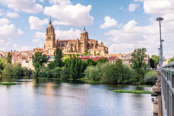 Fototapeta na wymiar Salamanca with bridge over Tormes river and cathedral, Spain