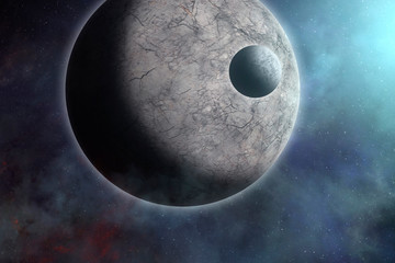 Space sci-fi fantasy background with planet, moon and stars with nebula. Rocky planet near sun. Surreal sci-fi space background