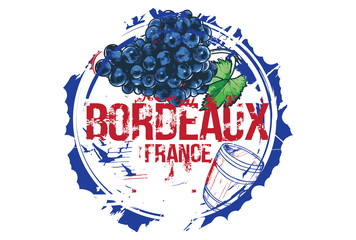 Old wood barrel and a bunch of grapes. Bordeaux, France. Emblem for the region of Bordeaux. Hand drawn illustration.