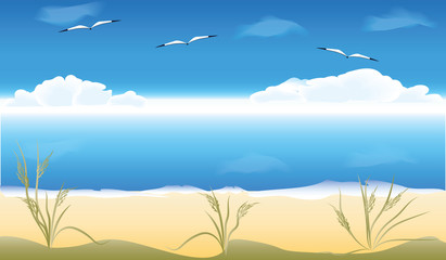 Fototapeta na wymiar Seascape - seagulls, sky, large clouds on the horizon, sandy coast - illustration, vector