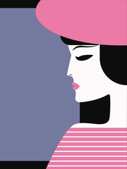 Woman, face in profile, in pink hat - flat style, minimalism - isolated on dark background - vector