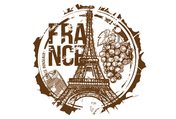 Old wood barrel and a bunch of grapes and Eiffel Tower.  Bordeaux, Paris, France city design. Hand drawn illustration.
