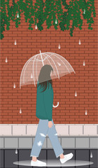 Walk under the rain. Girl, transparent umbrella, torn jeans, sneakers, puddles - vector