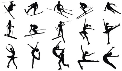 Set of fifteen skiers and skater silhouettes - detailed - vector. Winter sports