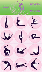 Set - twelve stretching exercises - female silhouettes - vector. The concept of a healthy lifestyle.