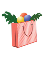 Festive coral paper bag with Christmas branches and balls - isolated on white background - vector
