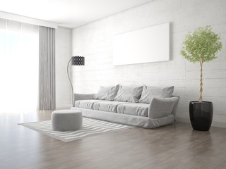 Mock up the original living room with a comfortable gray sofa and hipster backdrop.