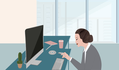 The woman is elegant, silhouette in profile - desktop, laptop, cactus - a large window overlooking the city - vector. Office interior