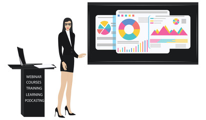 Business Woman, modern, elegant, with glasses, in a suit with a skirt, holds a seminar - a screen with diagrams - isolated on white background - vector. Concept of financial success