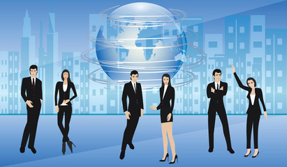 Globe on the background of the urban landscape as a global symbol of progress - Men and women in stylish business suits - vector.