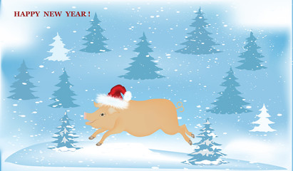 Happy New Year - banner - Pig in Santa Claus hat in the winter forest - illustration, vector