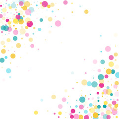 Memphis round confetti festive background in cyan blue, pink and yellow. Childish pattern vector.