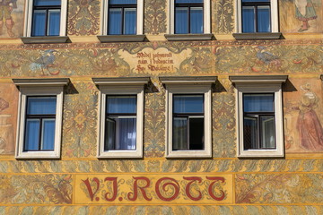 Beautiful colorful facede from Mikolas Ales on old V. J. Rott building from 1890 at Male namesti near the Old Town Square, Prague, Czech Republic, UNESCO World Heritage Site, sunny day