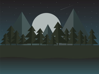 vector illustration of night mountain landscape, green glade on the bank of the river near the forest against the starry sky