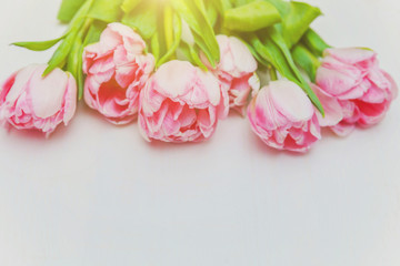 Fototapeta na wymiar Spring greeting card. Bouquet of fresh light pastel pink tulips flowers on white wooden background. Happy holiday easter mother day anniversary valentine birthday concept. Flat lay top view copy space