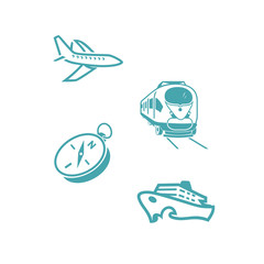 Vector illustration compass, plane, ship, train. Set of vector symbols. Direction of a route of transportation and delivery. Flat design 