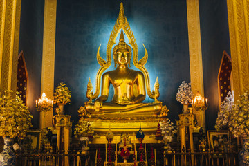 Buddha at main altar of Wat Benchamabophit Dusitvanaram Temple in Bangkok, Thailand. Also known as the Marble Temple.