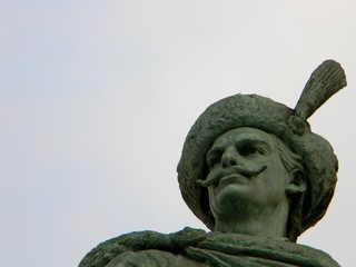 Low angle shot of Imre Thokoly's head from the iconic statue complex at Hosok tere (Heroes' Square), Budapest, Hungary.  He was Prince of Upper Hungary and Prince of Transylvania in the 17th ce