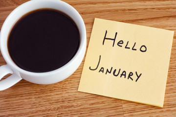 Post it note with writing Hello January and cup of coffee