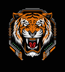 VECTOR TIGER with roaring. The Tiger head illustration with angry face on the black background