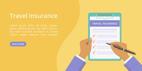 Travel insurance policy on clipboard with hands landing page concept. Online service for trip insurance quotes yellow web page with flat man hands, filing travel policy check list form on clipboard