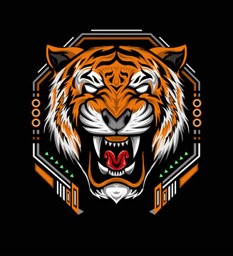 VECTOR TIGER with roaring. The Tiger head illustration with angry face on the black background
