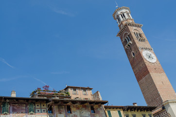 Detail of the building that overlooks the famous market in Verona in piazza erbe. The most famous...