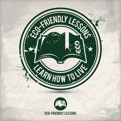 Obraz premium alternative eco friendly lesson stamp containing: two environmentally sound eco motifs in circle frames, grunge ink rubber stamp effect, textured paper background, eps10 vector illustration