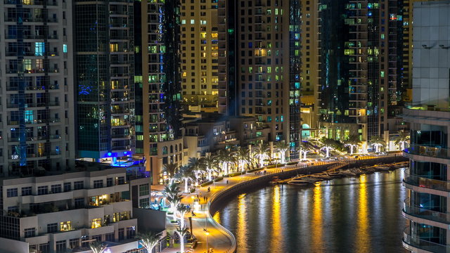Promenade in Dubai Marina timelapse at night, UAE. Top view © neiezhmakov