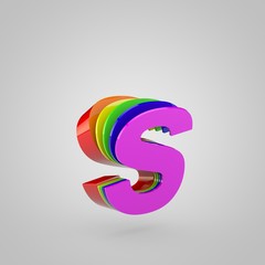 3D Letter S lowercase. 3D render cutaway rainbow font. Pride colors concept alphabet isolated on white background