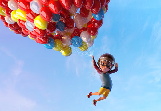 Happy kid boy having fun flying up with air ballons. Funny child cartoon character of little boy with vintage aviator glasses and helmet. Freedom and happy childhood concept. 3D render