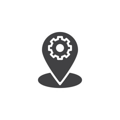 Location map setting vector icon. filled flat sign for mobile concept and web design. Map marker and gear simple solid icon. Symbol, logo illustration. Pixel perfect vector graphics