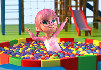 Fototapeta na wymiar Illustration of a cute cartoon girl playing in a balls pool at a playground in the park. Funny cartoon character of a little pretty girl with glasses and pink anime hairs. 3D illustration.