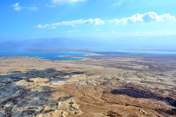 View of the  Dead Sea and Judaean Desert from Masada fortress, Israel