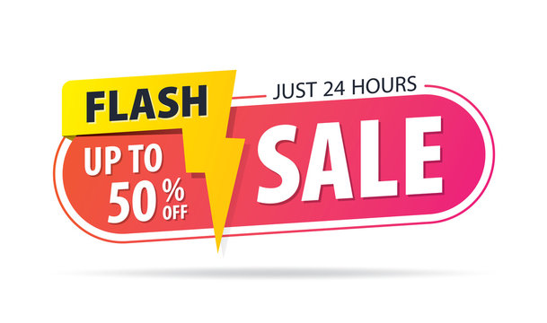 Yellow pink tag Flash sale 24 hour 50 percent off promotion website banner heading design on graphic white background vector for banner or poster. Sale and Discounts Concept.