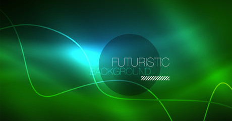 Abstract shiny glowinng color wave design element on dark background - science or technology concept