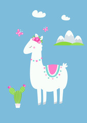 Cute Llama or Alpaca with Cactus, Flowers and Mountains Vector Illustration
