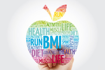 BMI - Body Mass Index, apple word cloud collage, health concept background - obrazy, fototapety, plakaty