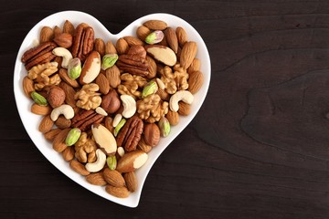 Nuts on a plate in the shape of a heart.