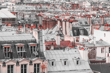 Panoramic view of architectural details of roofs in Paris, France in creative retouch.