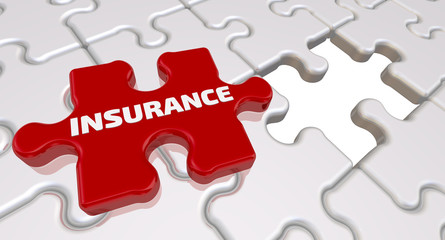 Fototapeta premium Insurance. The inscription on the missing element of the puzzle. Folded white puzzles elements and one red with word INSURANCE. 3D Illustration