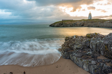 The Llanddwyn island lighthouse, Goleudy Twr Bach at Ynys Llanddwyn on Anglesey, North Wales.