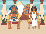 pharaoh and queen on throne at  palace with egyptian pyramids and sphinx background
