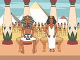 pharaoh and queen on throne at  palace with egyptian pyramids background
